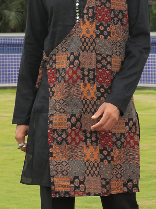 Black Kurta with Multicolor Printed Side Panel