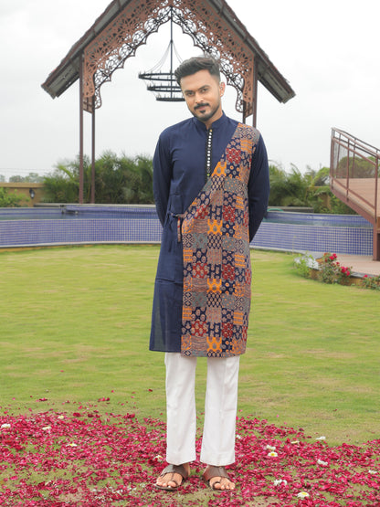 Blue Kurta with Multicolor Printed Side Panel