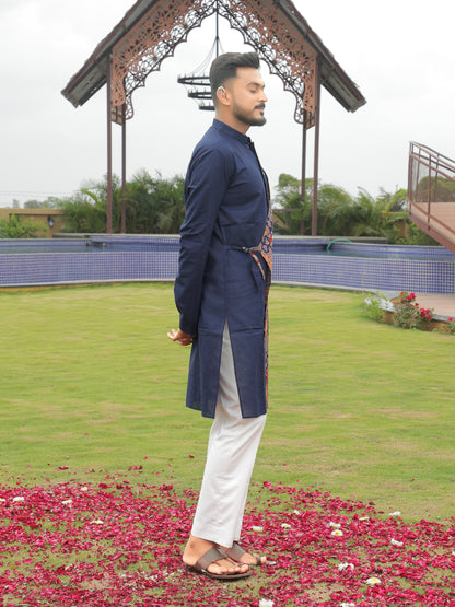 Blue Kurta with Multicolor Printed Side Panel