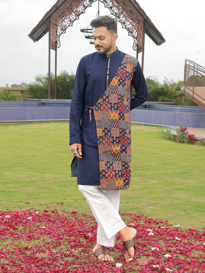 Blue Kurta with Multicolor Printed Side Panel