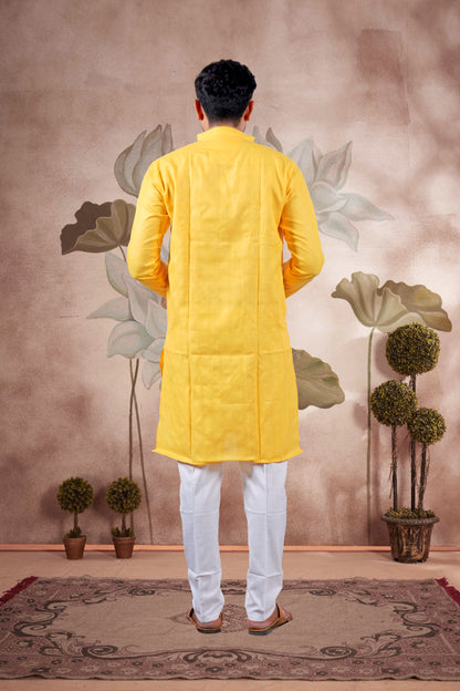 Yellow Checked Cotton Kurta – Wedding Edition