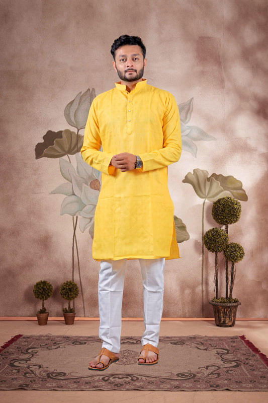 Yellow Checked Cotton Kurta – Wedding Edition