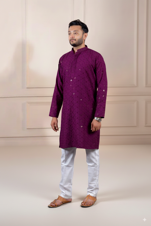 Wine Embroidered Cotton Kurta