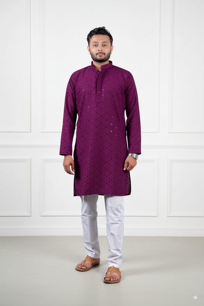 Wine Embroidered Cotton Kurta
