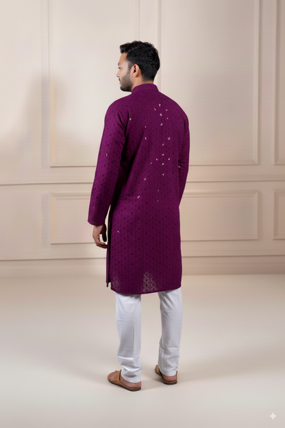 Wine Embroidered Cotton Kurta