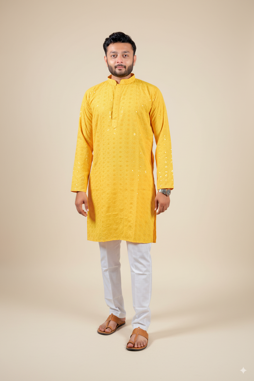 Yellow Embroidered Cotton Kurta