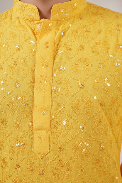 Yellow Embroidered Cotton Kurta