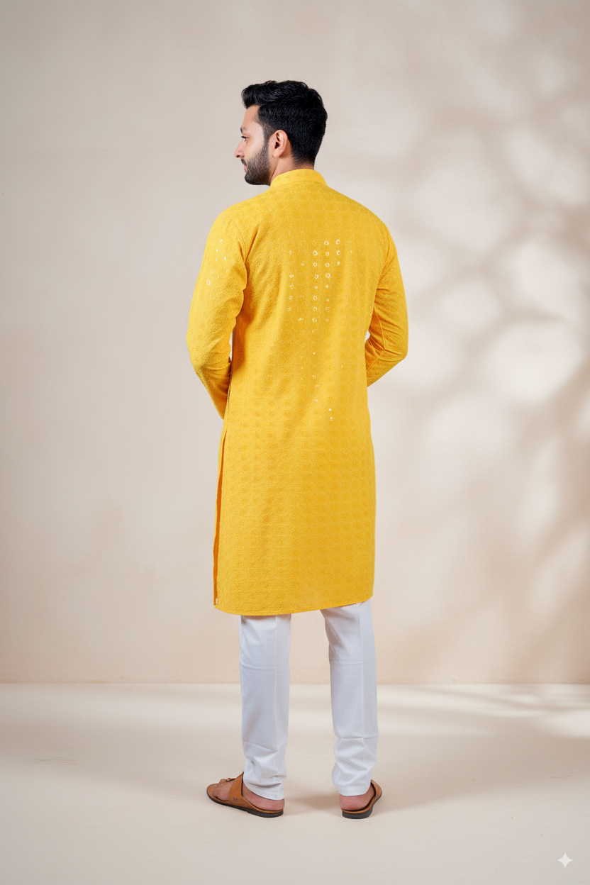 Yellow Embroidered Cotton Kurta