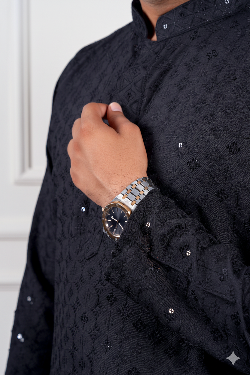Black Embroidered Cotton Kurta