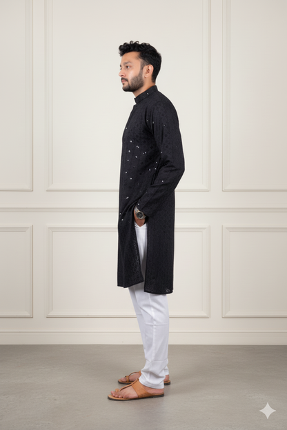 Black Embroidered Cotton Kurta