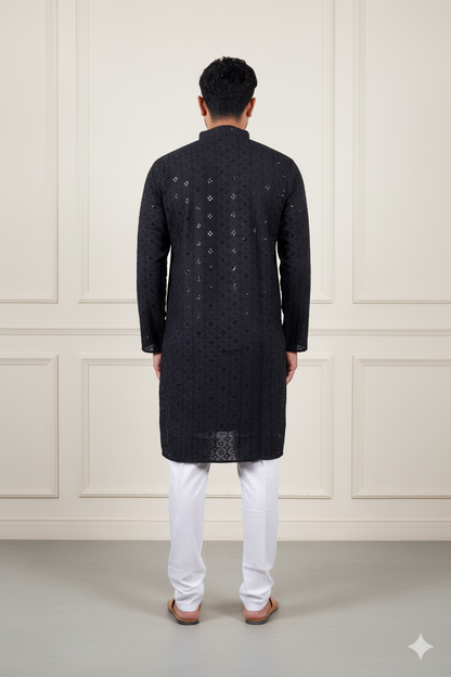 Black Embroidered Cotton Kurta