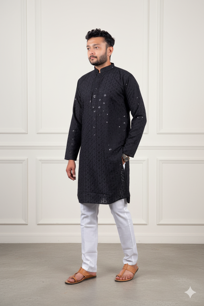 Black Embroidered Cotton Kurta