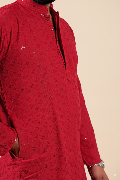 Red Embroidered Cotton Kurta