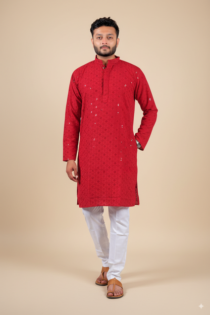 Red Embroidered Cotton Kurta