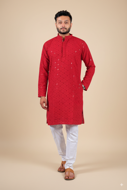 Red Embroidered Cotton Kurta