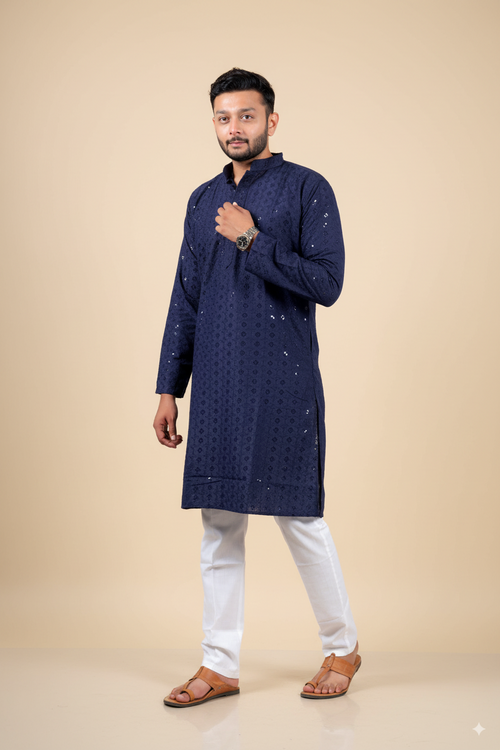 Navy Embroidered Cotton Kurta