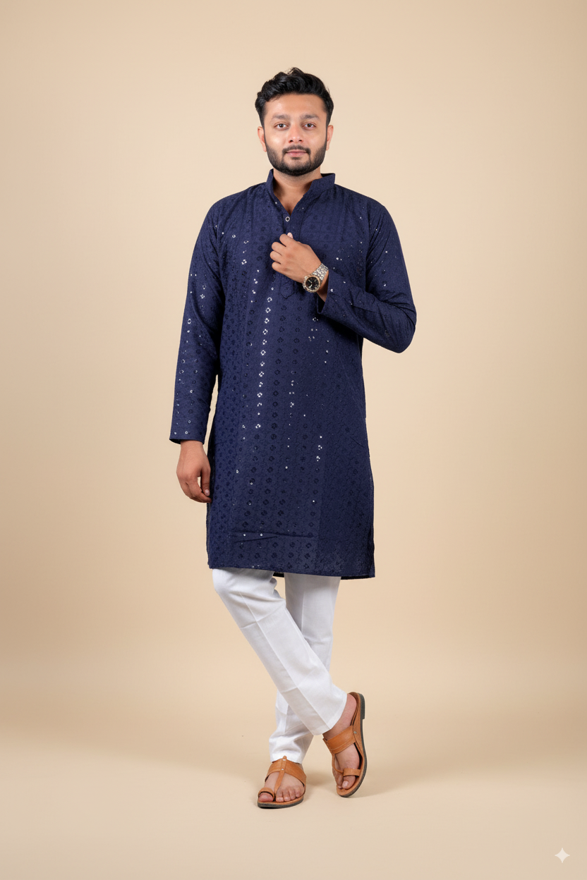 Navy Embroidered Cotton Kurta