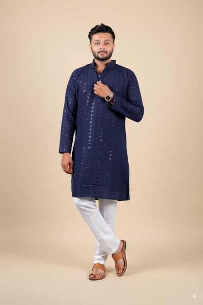 Navy Embroidered Cotton Kurta