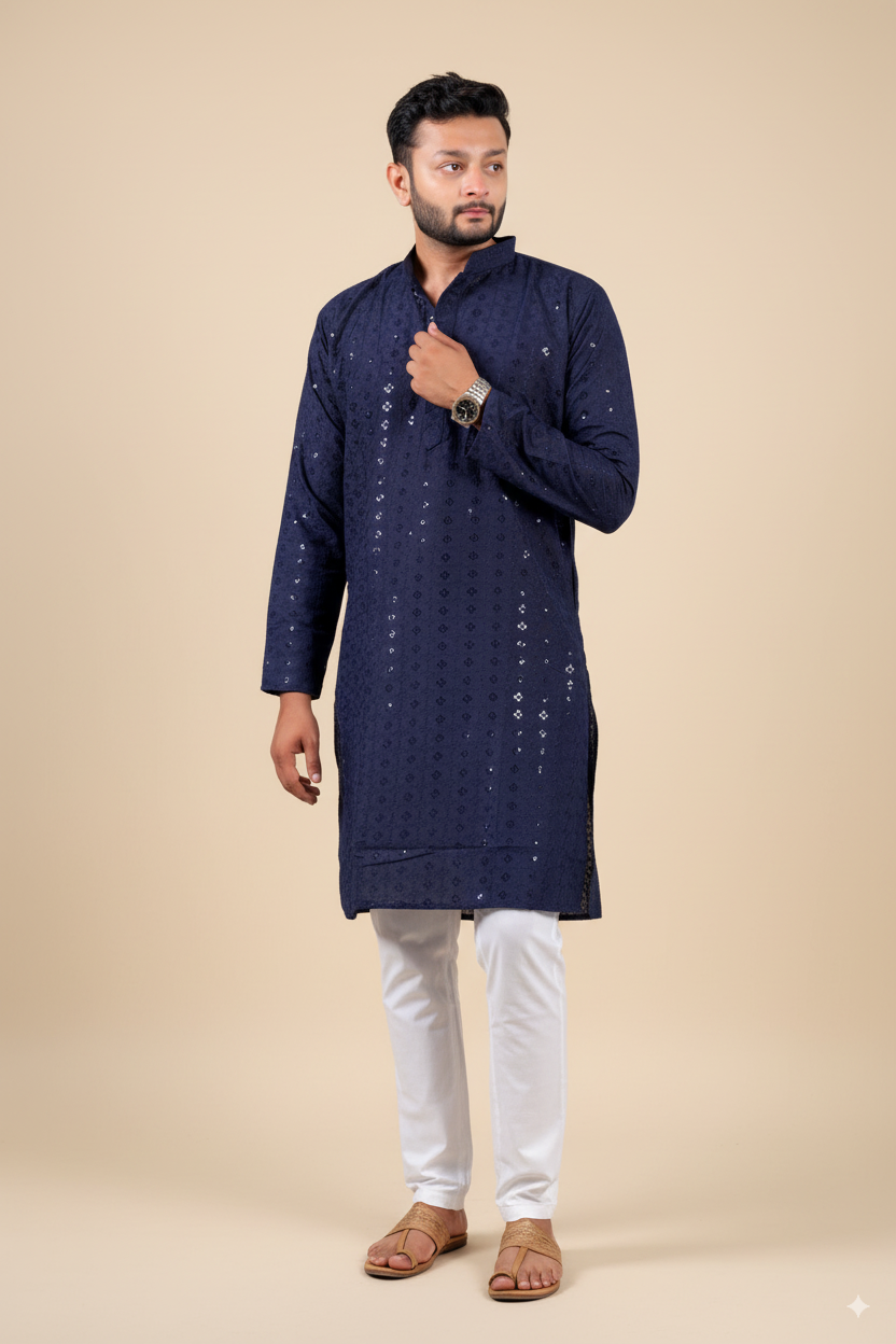 Navy Embroidered Cotton Kurta