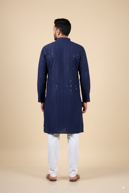Navy Embroidered Cotton Kurta