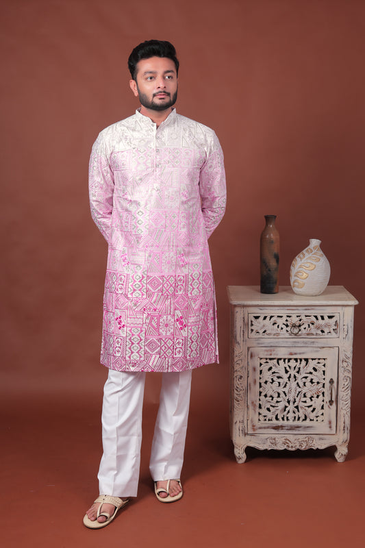 Pink Patchwork-Inspired Art Silk Kurta