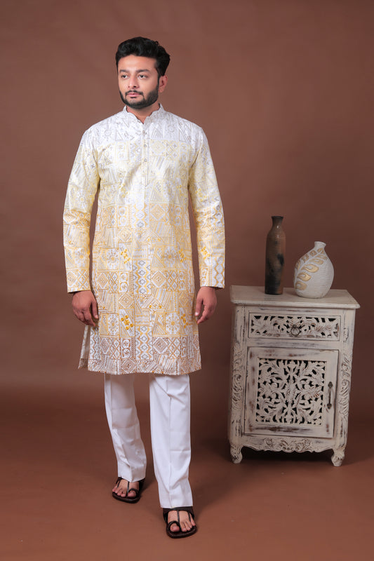 Yellow Patchwork-Inspired Art Silk Kurta