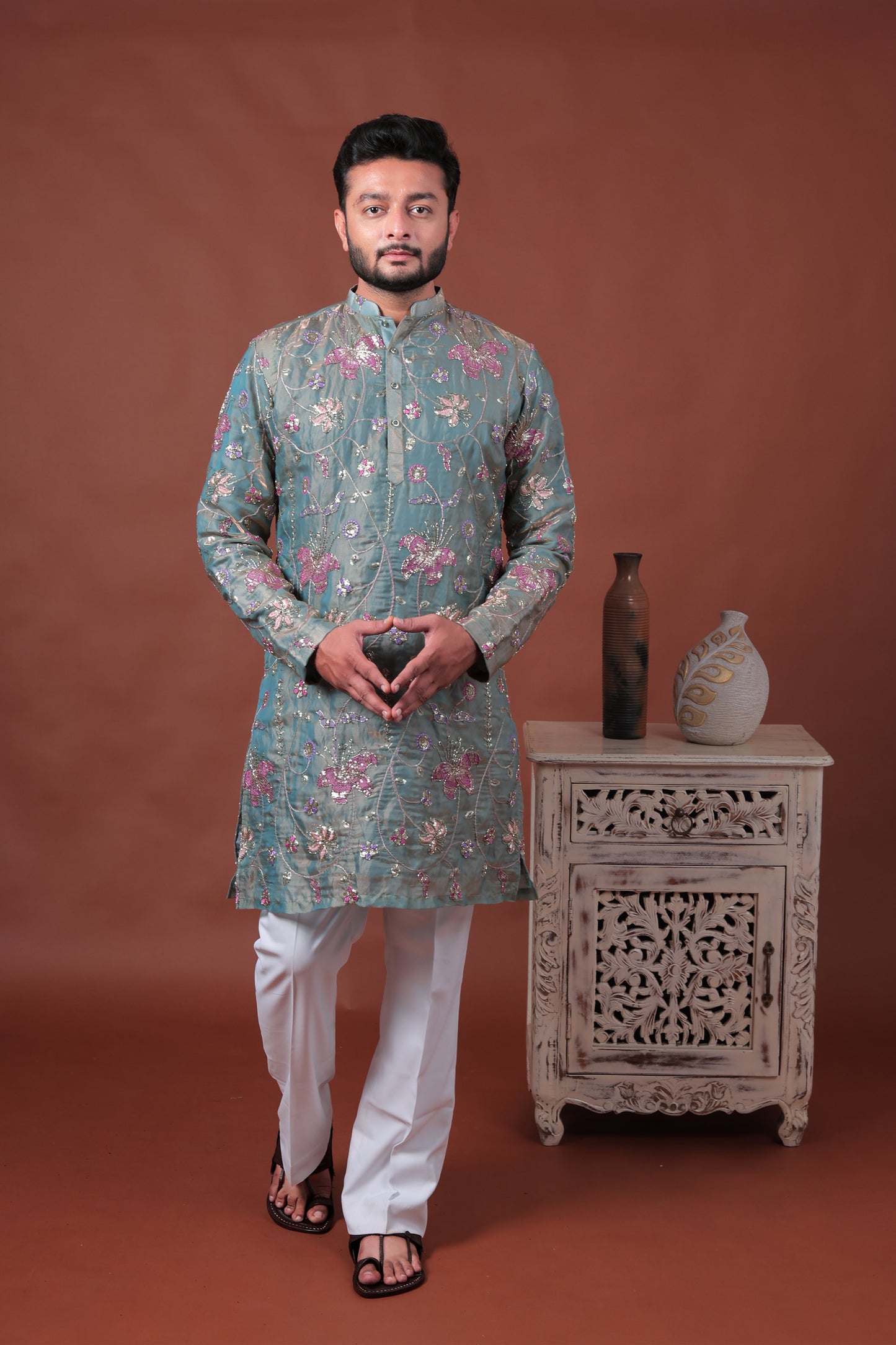 Green Floral Embroidered Art Silk Kurta