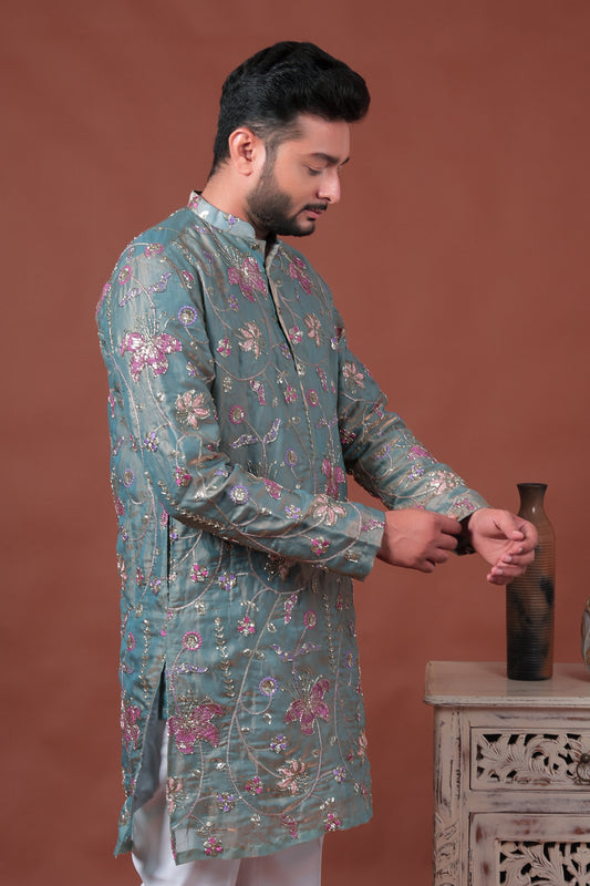 Green Floral Embroidered Art Silk Kurta