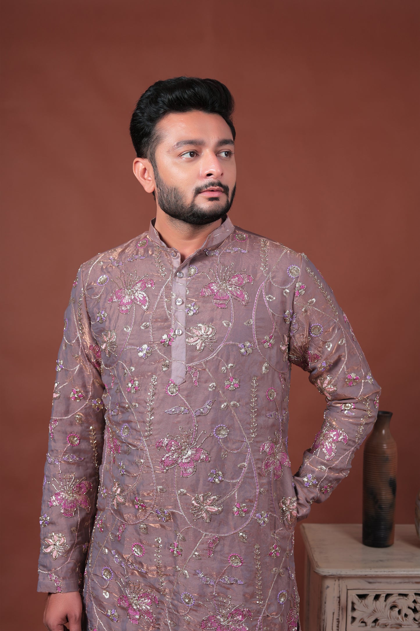 Pink Floral Embroidered Art Silk Kurta