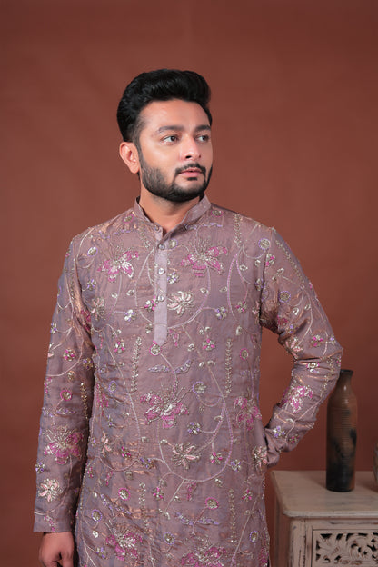 Pink Floral Embroidered Art Silk Kurta
