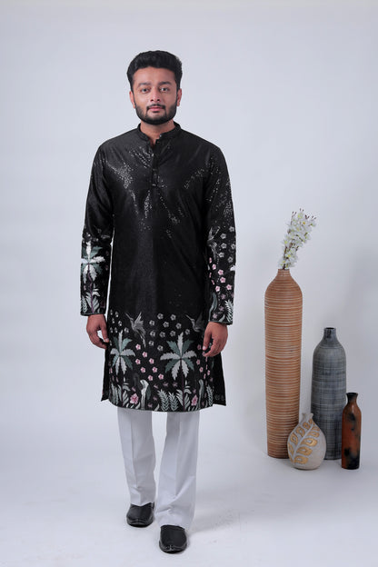 Black Tropical Embroidered Art Silk Kurta