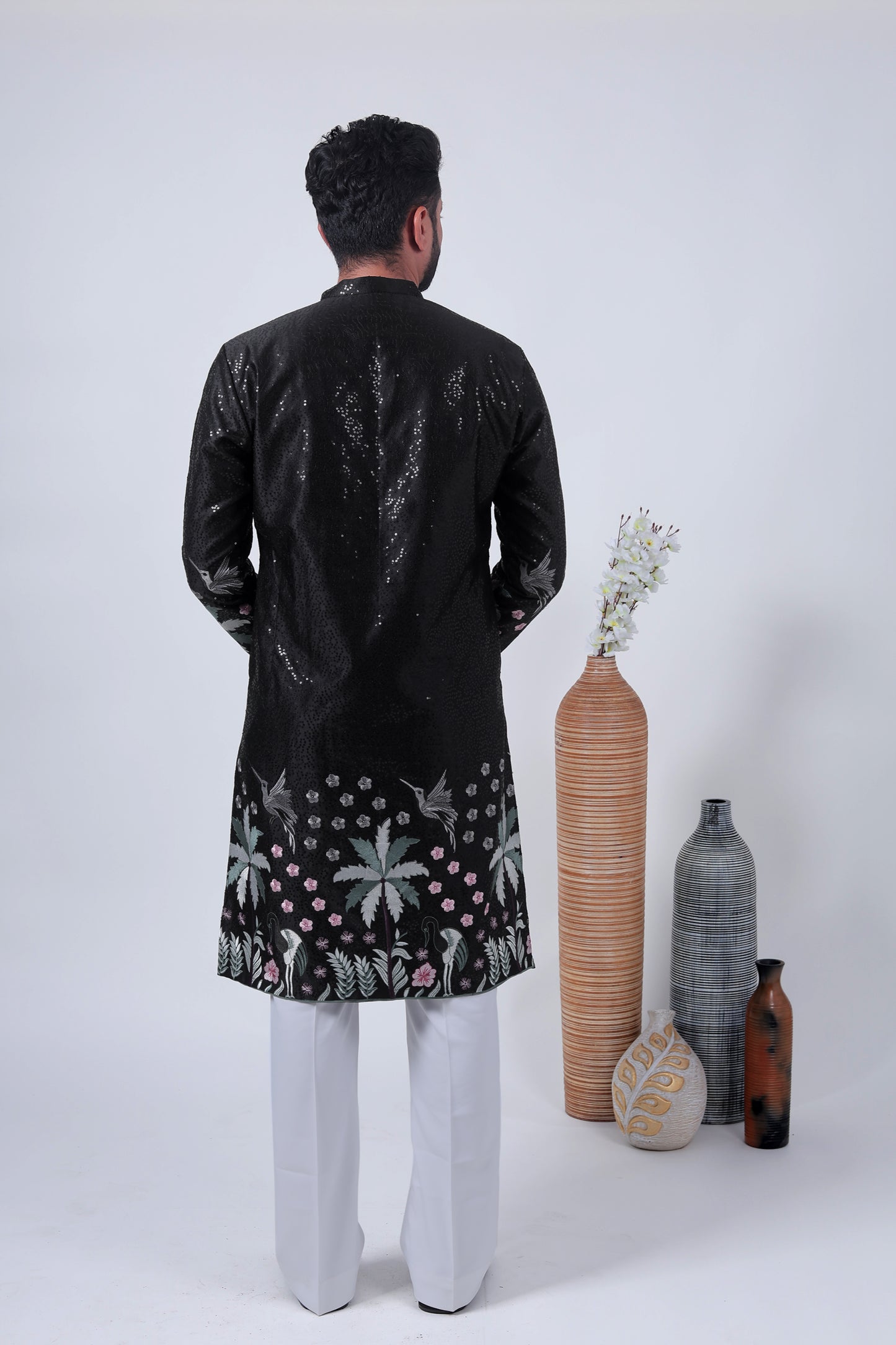 Black Tropical Embroidered Art Silk Kurta