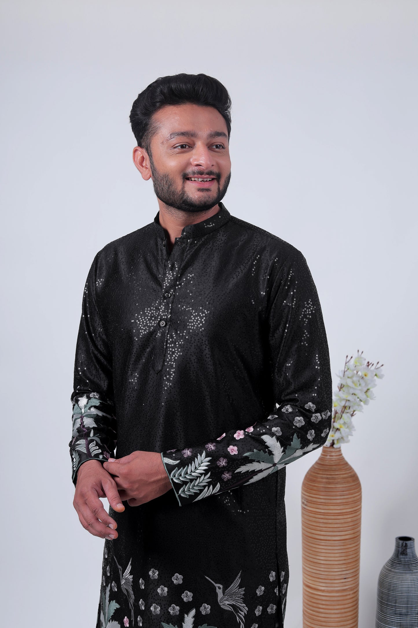 Black Tropical Embroidered Art Silk Kurta