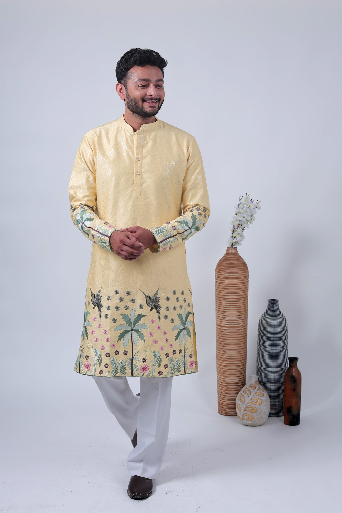 Yellow Tropical Embroidered Art Silk Kurta