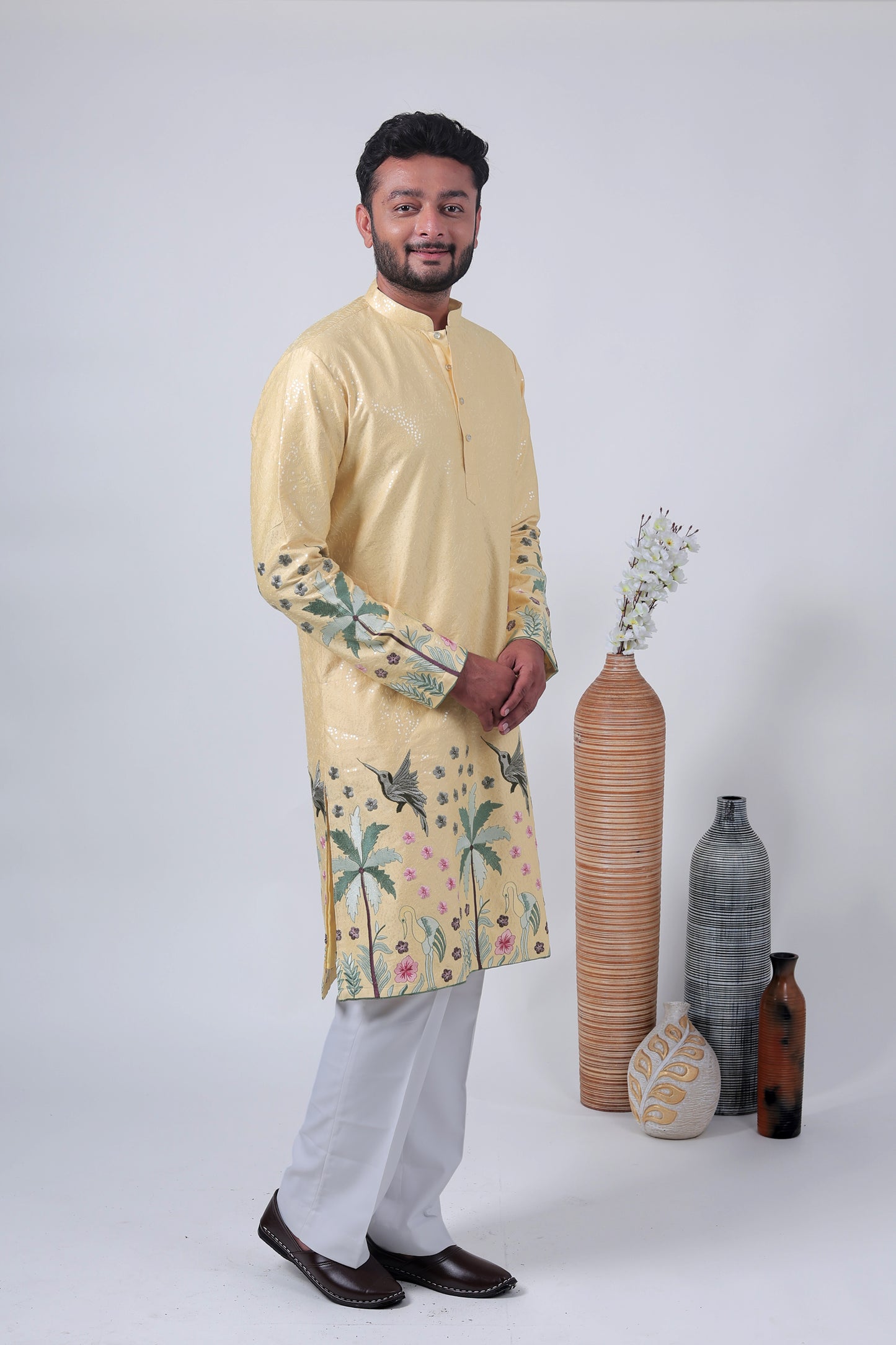 Yellow Tropical Embroidered Art Silk Kurta