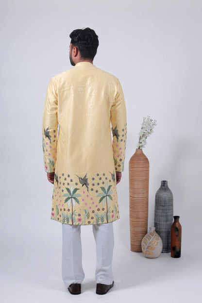 Yellow Tropical Embroidered Art Silk Kurta