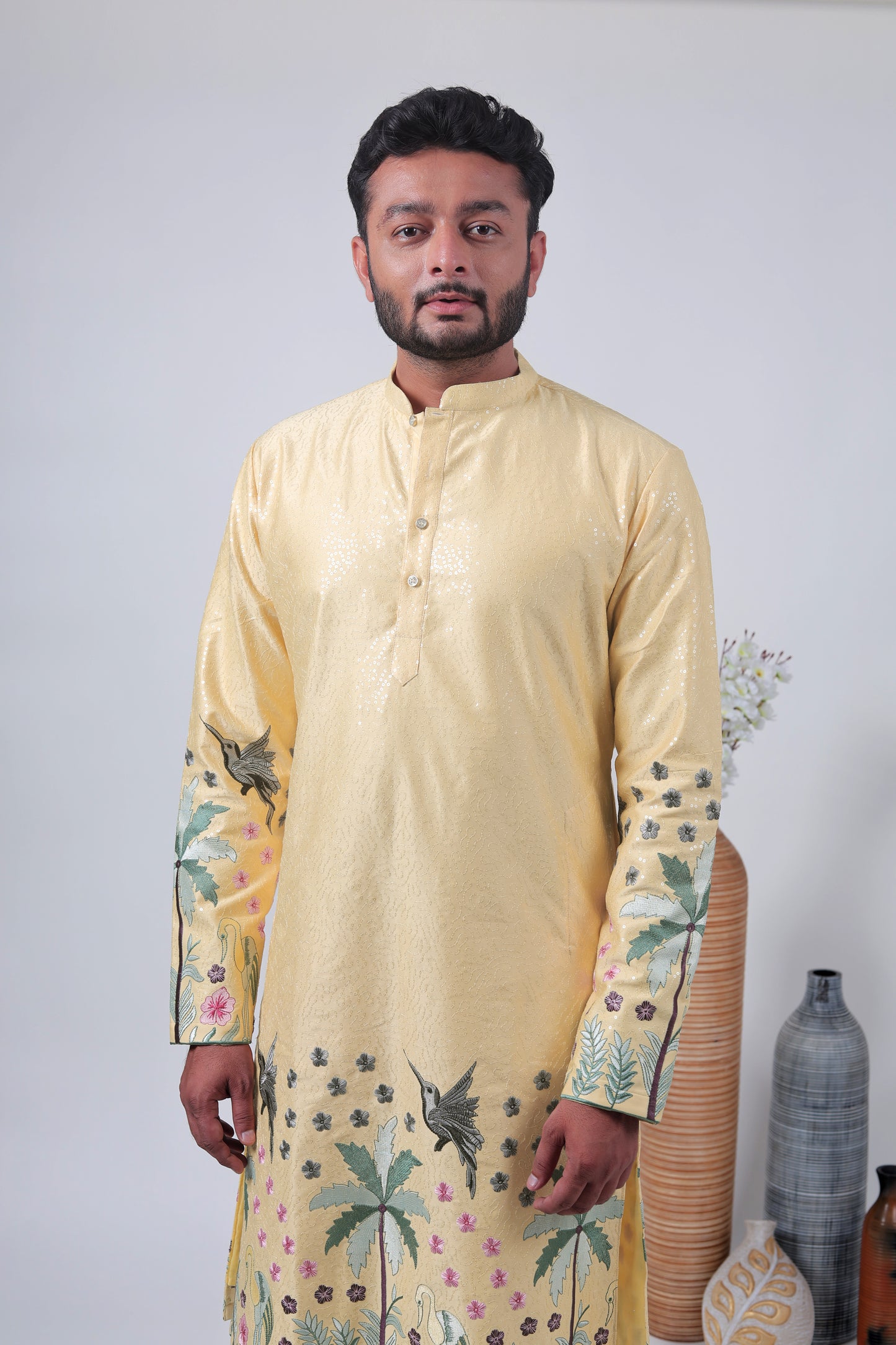 Yellow Tropical Embroidered Art Silk Kurta