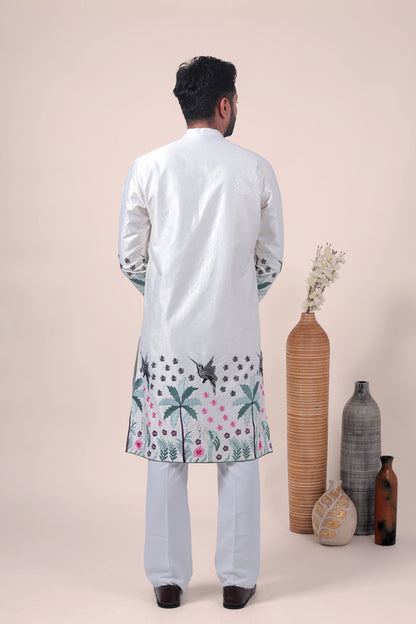 White Tropical Embroidered Art Silk Kurta