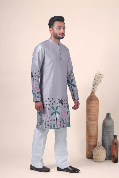 Grey Tropical Embroidered Art Silk Kurta