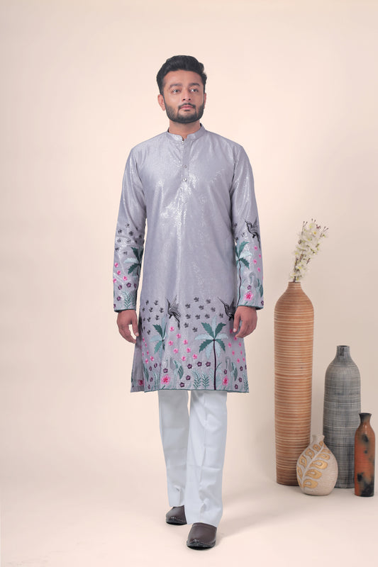 Grey Tropical Embroidered Art Silk Kurta