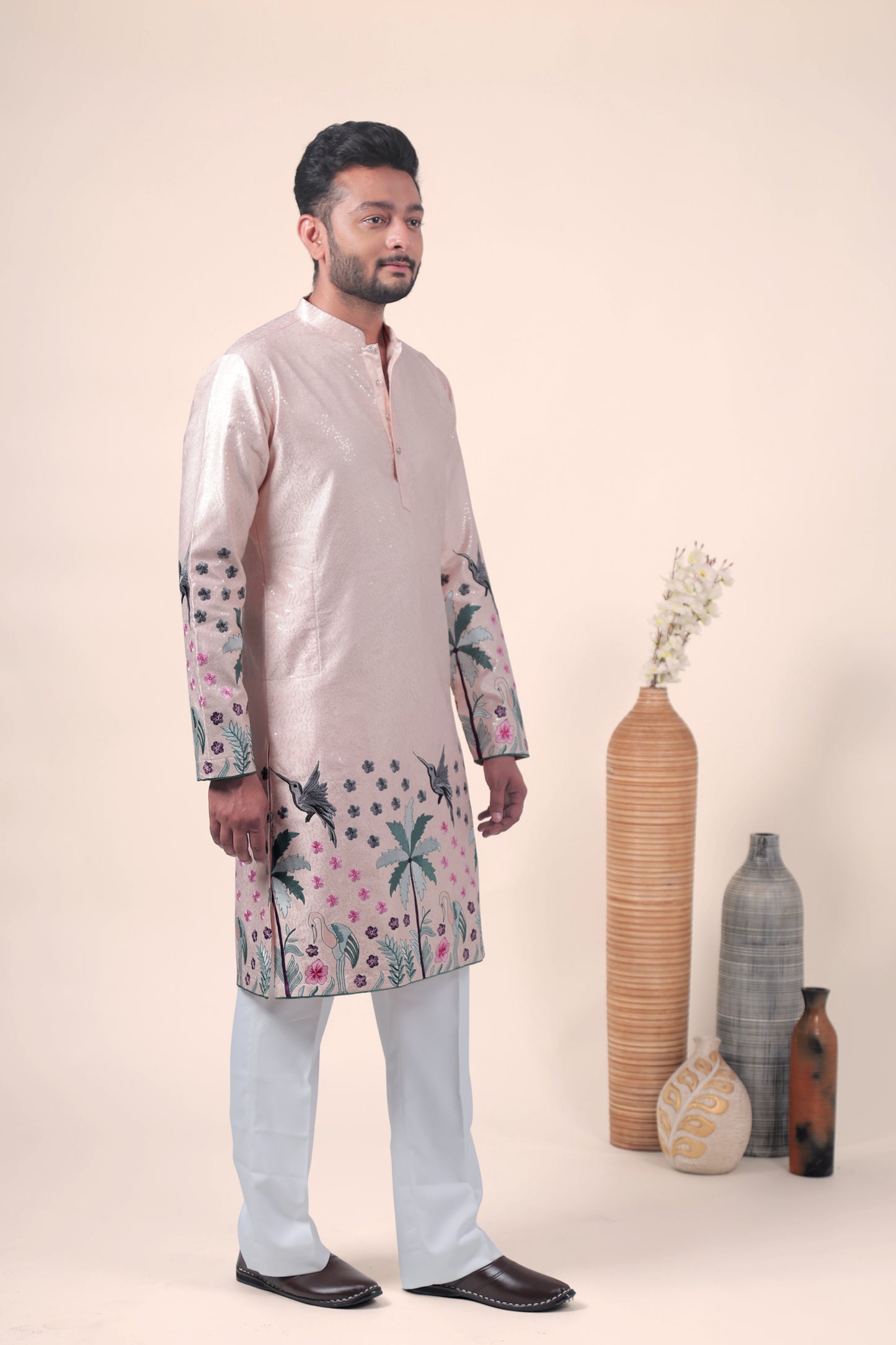 Peach Tropical Embroidered Art Silk Kurta