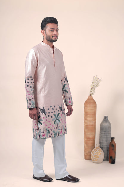 Peach Tropical Embroidered Art Silk Kurta