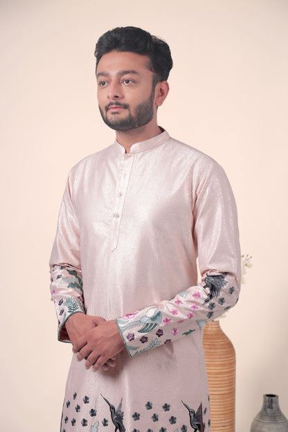 Peach Tropical Embroidered Art Silk Kurta
