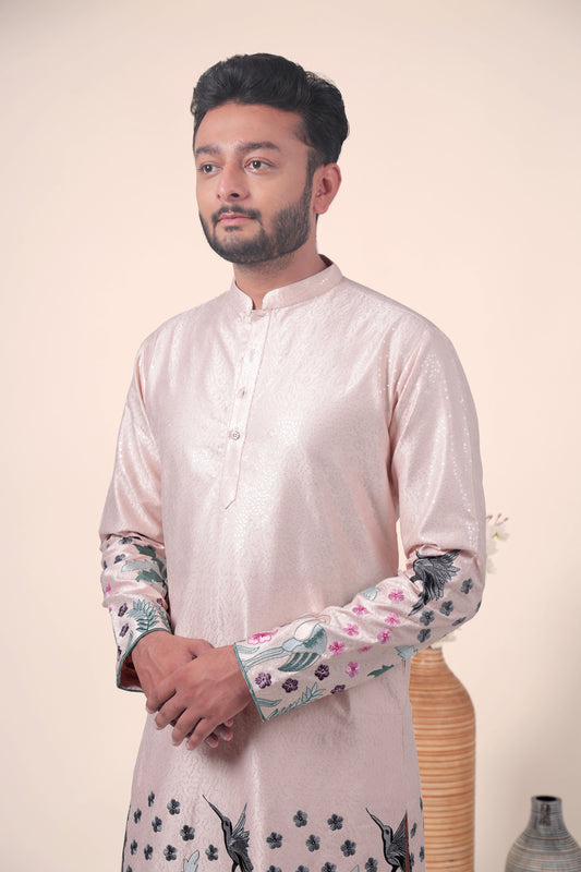 Peach Tropical Embroidered Art Silk Kurta