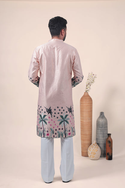 Peach Tropical Embroidered Art Silk Kurta