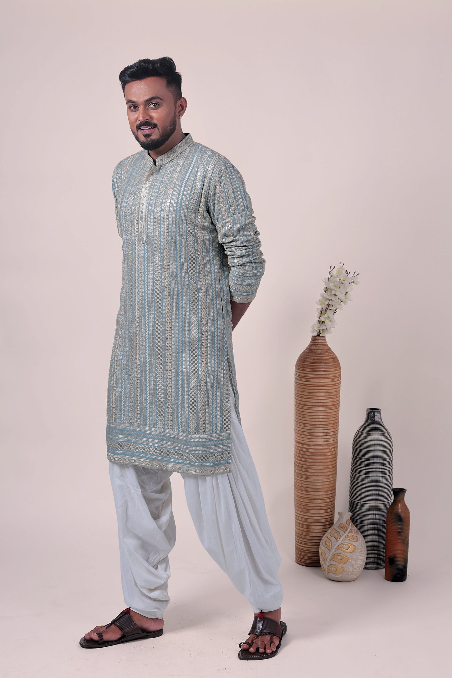 Blue Zari Embroidered Rayon Kurta