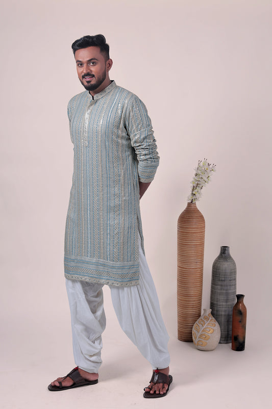 Blue Zari Embroidered Rayon Kurta