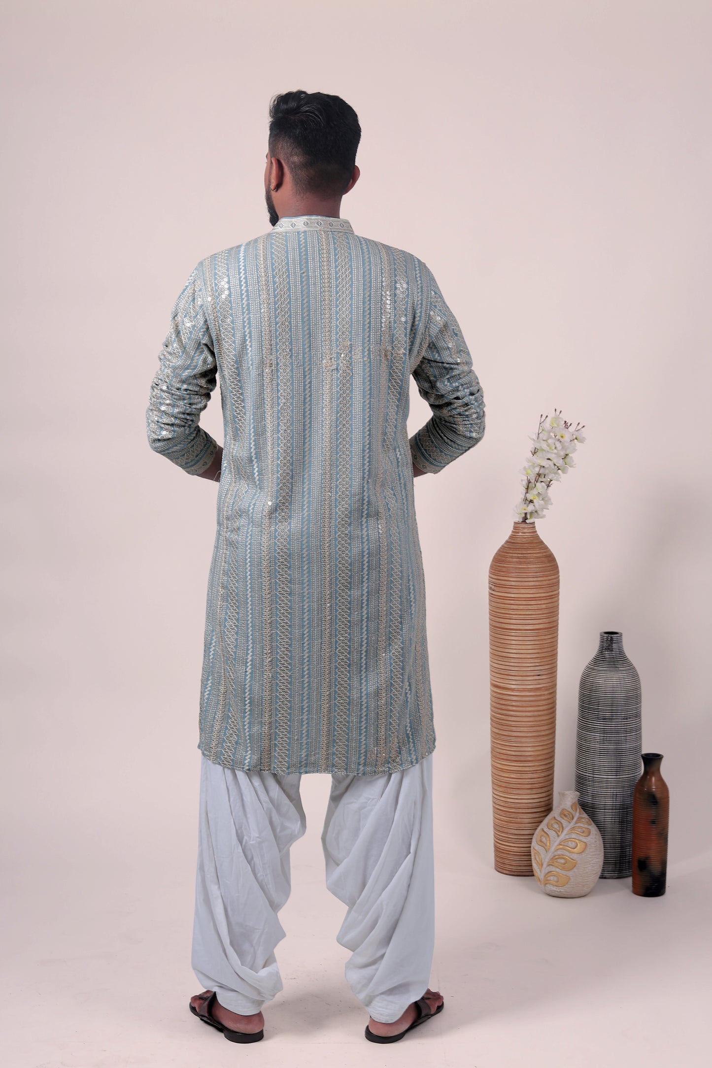 Blue Zari Embroidered Rayon Kurta