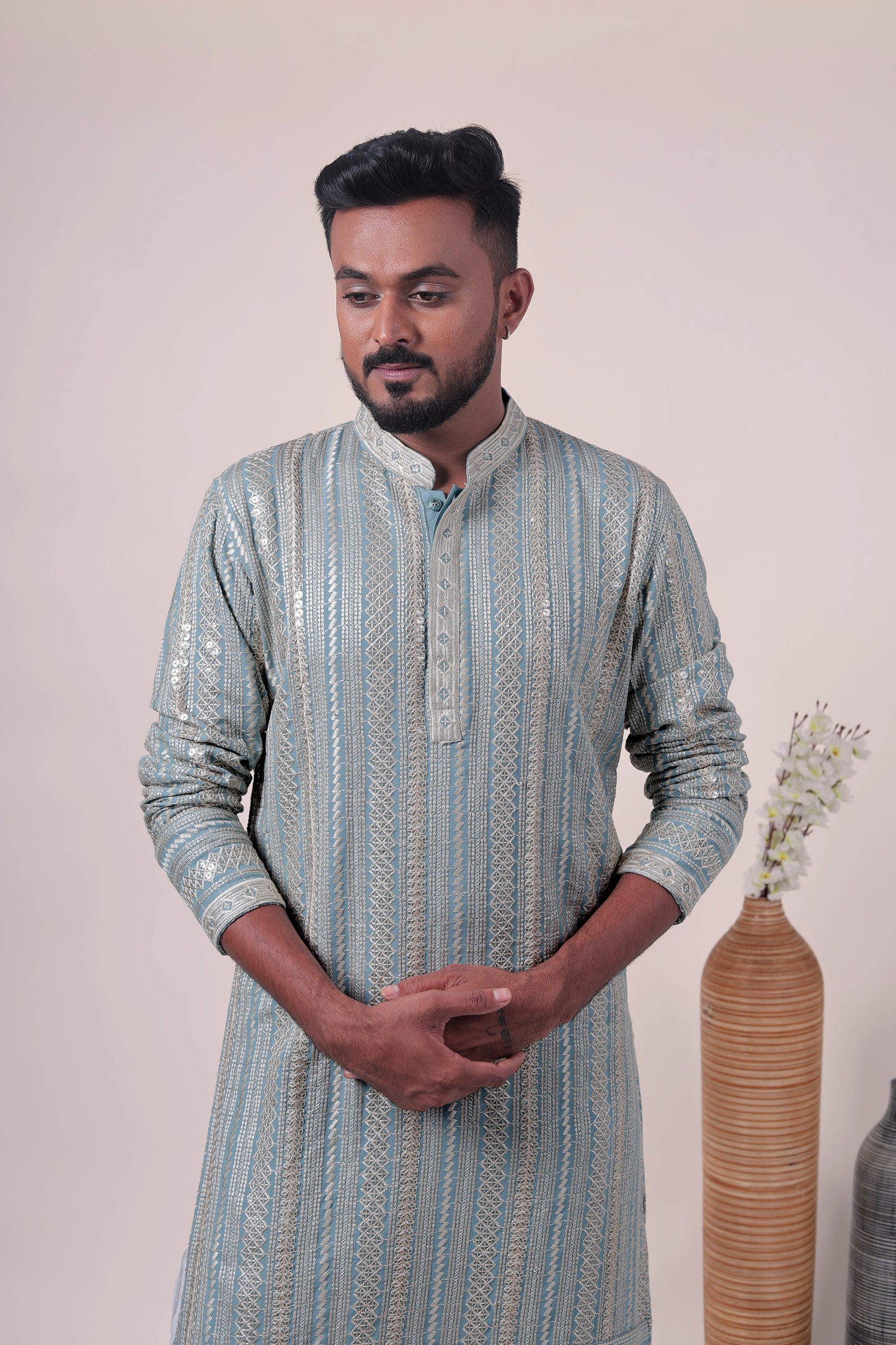 Blue Zari Embroidered Rayon Kurta