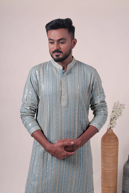 Blue Zari Embroidered Rayon Kurta